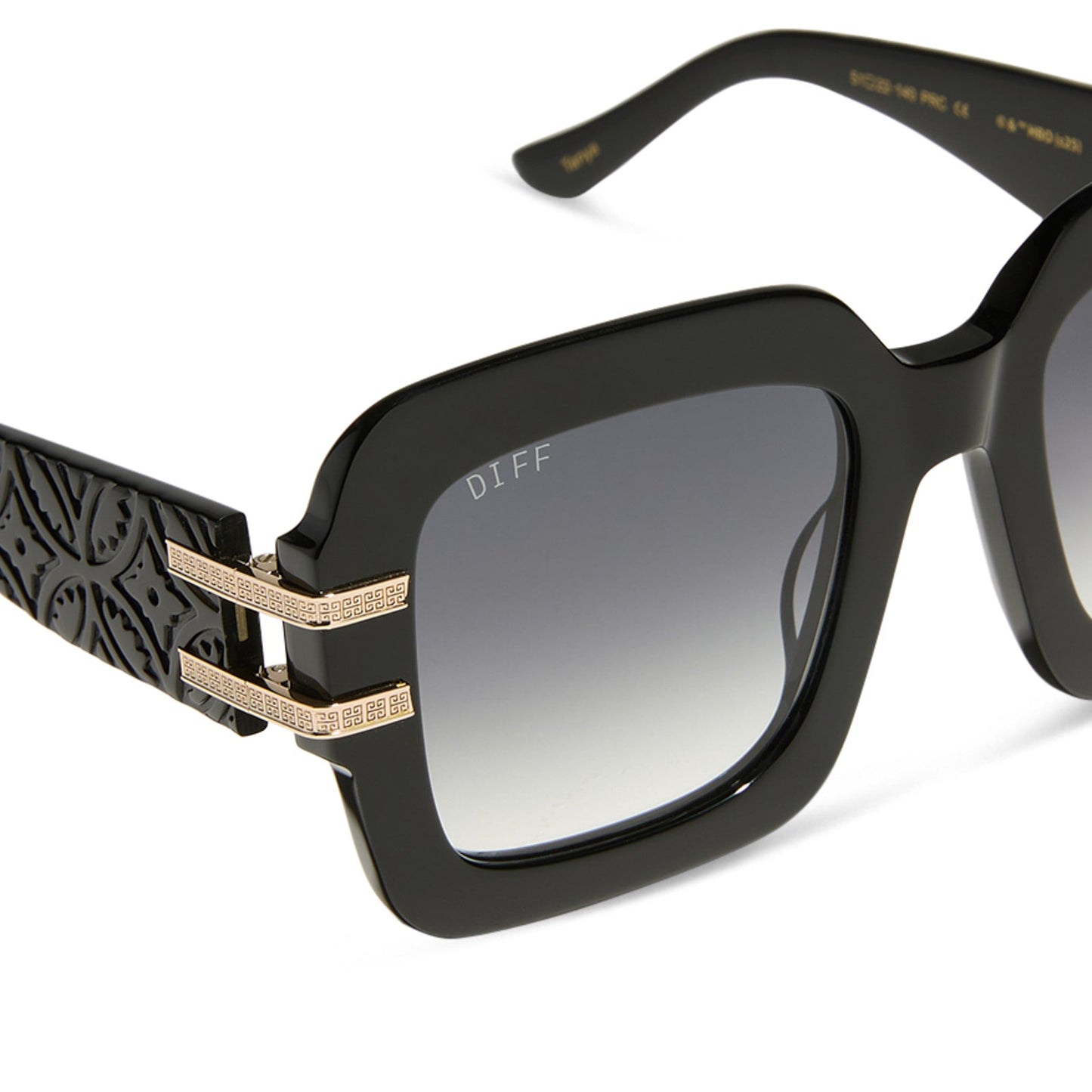the white lotus x diff eyewear featuring the tanya square sunglasses with a black frame and grey gradient lenses detailed view