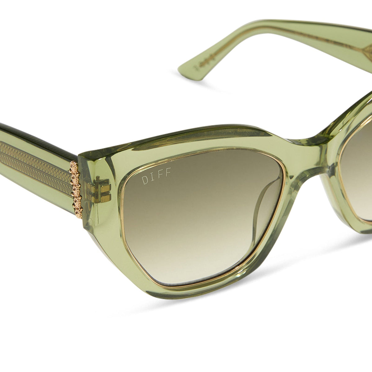 the white lotus x diff eyewear featuring the thailand cat eye sunglasses with a light green crystal frame and olive gradient lenses detailed view