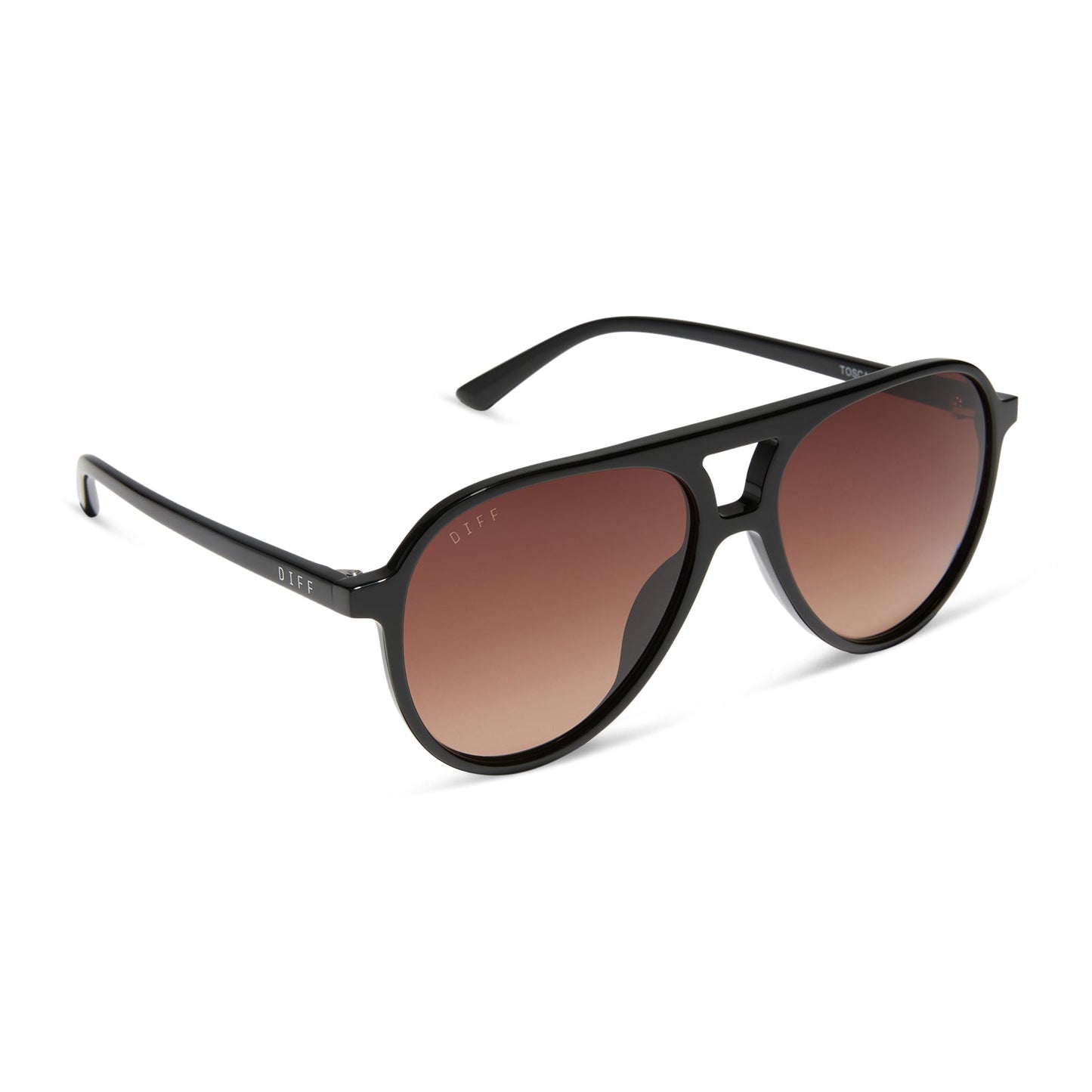 diff eyewear featuring the tosca ii aviator sunglasses with a black frame and brown gradient lenses angled view