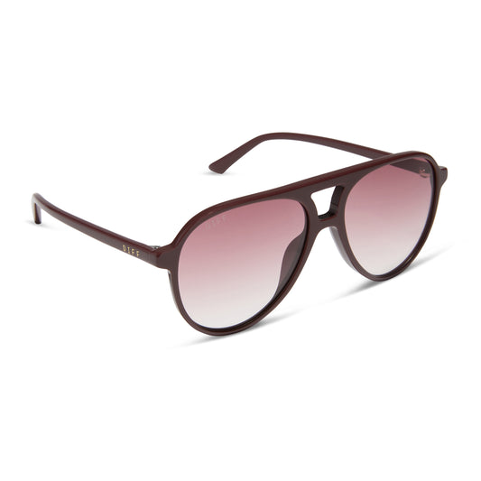 diff eyewear tosca ii aviator sunglasses with a rugby red acetate frame and burgundy gradient polarized lenses angled view