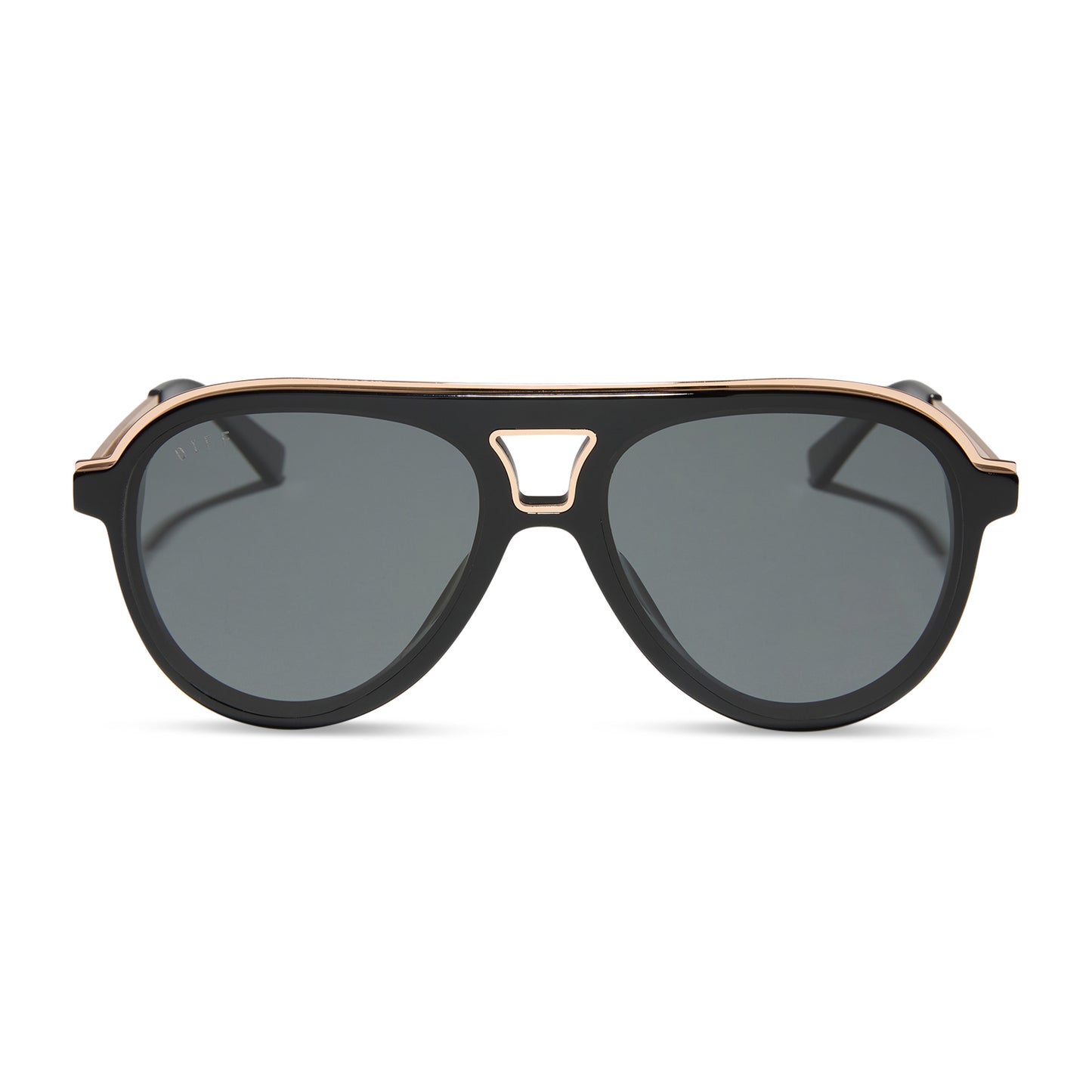 diff eyewear wholesale tosca iii aviator sunglasses with a black and gold trim frame and grey lenses front view