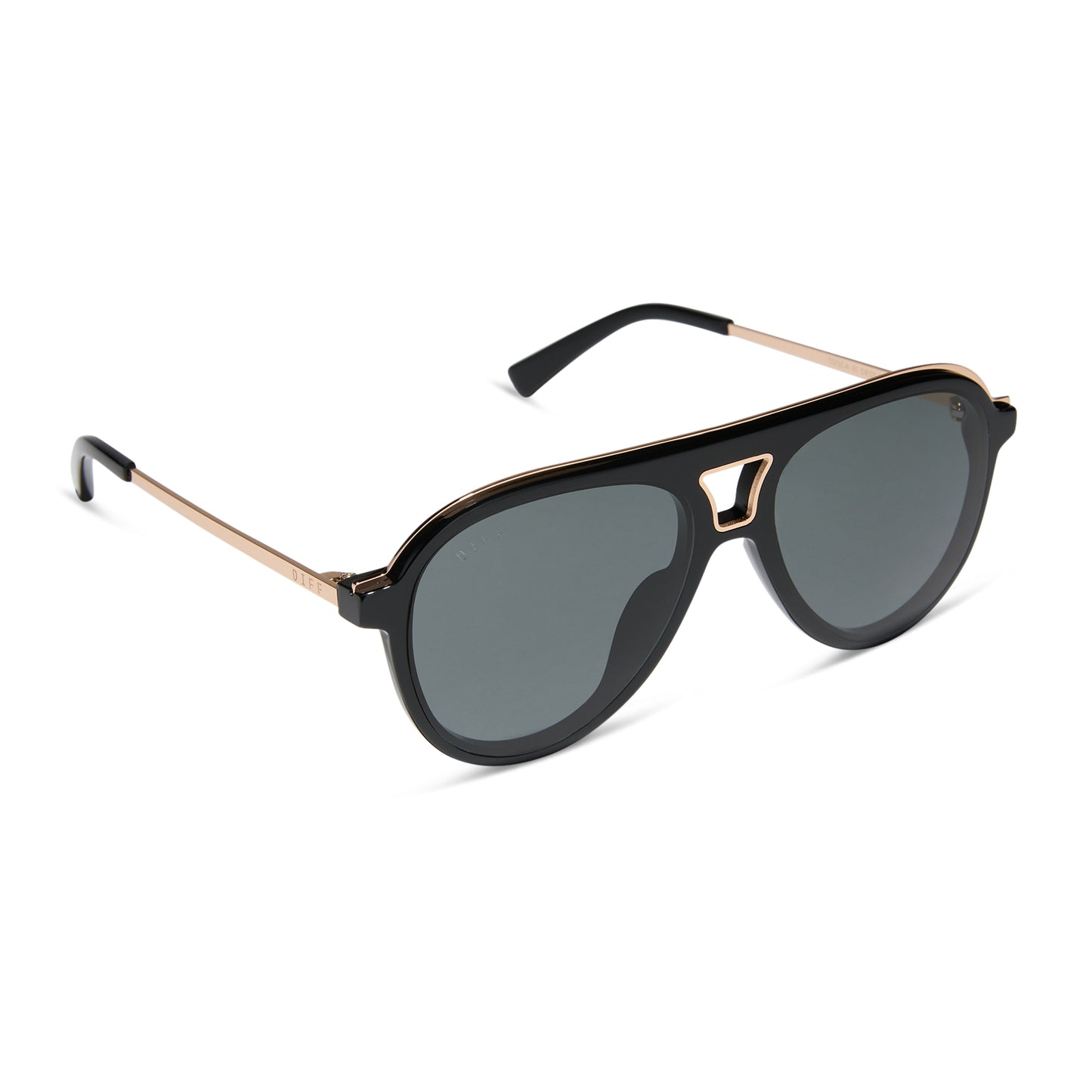 diff eyewear wholesale tosca iii aviator sunglasses with a black and gold trim frame and grey lenses angled view
