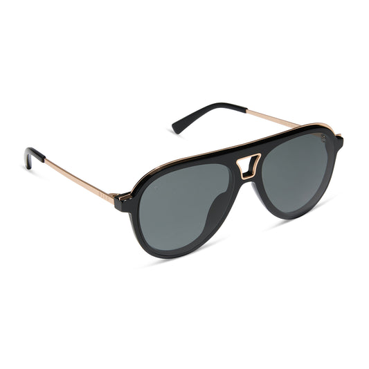 diff eyewear wholesale tosca iii aviator sunglasses with a black and gold trim frame and grey lenses angled view
