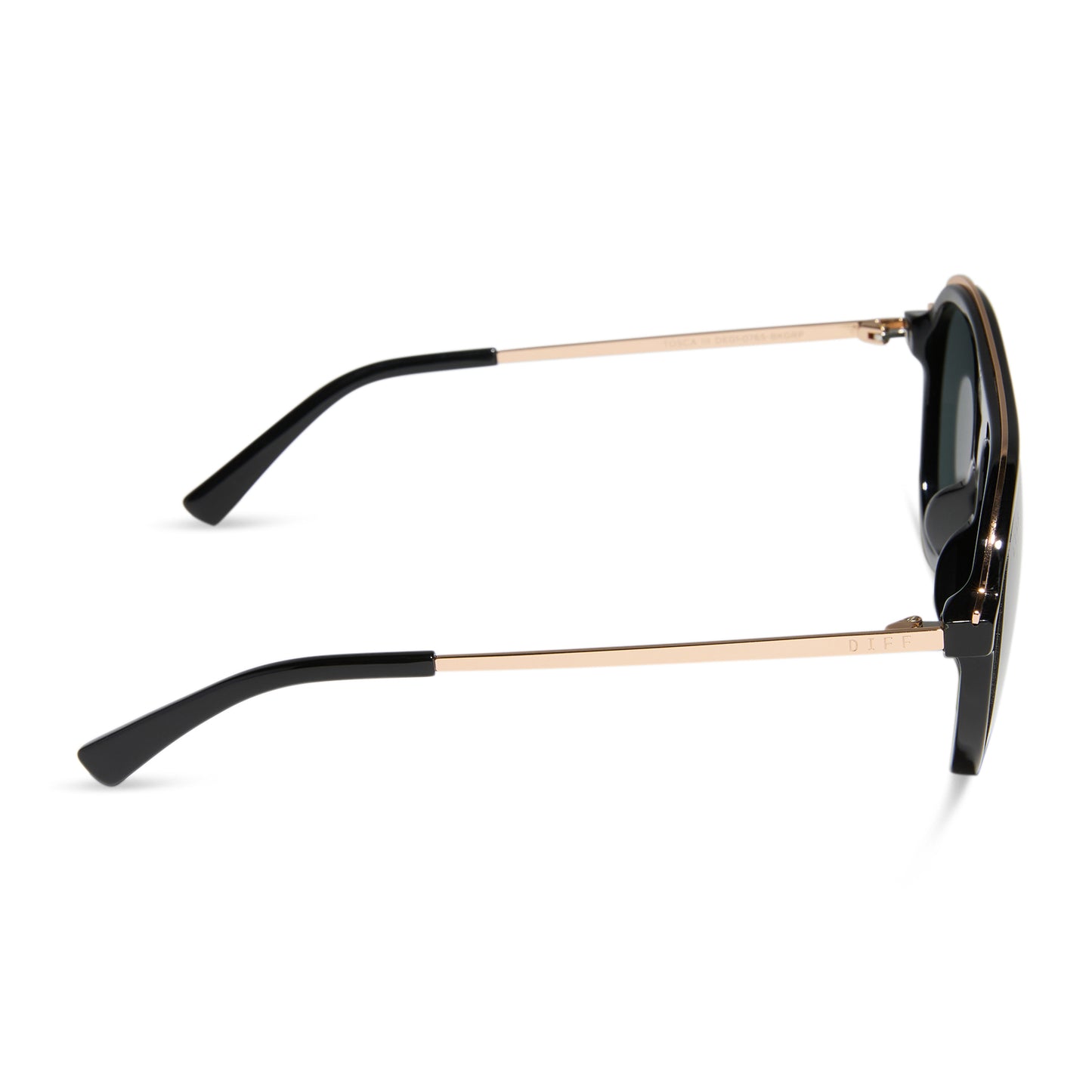 diff eyewear wholesale tosca ii aviator sunglasses with a black and gold trim frame and grey lenses side view