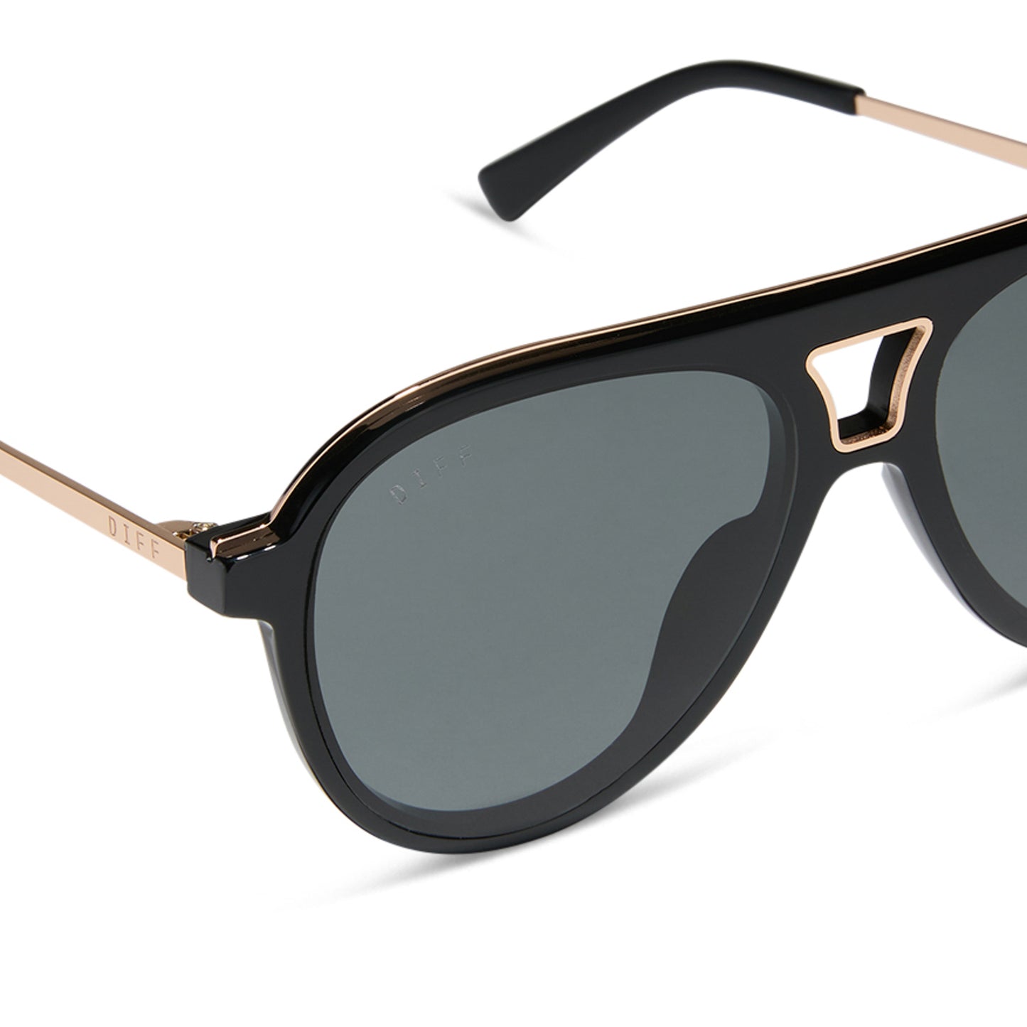 diff eyewear wholesale tosca ii aviator sunglasses with a black and gold trim frame and grey lenses detailed view