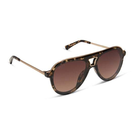 diff eyewear wholesale tosca iii aviator sunglasses with a espresso tortois, gold trim frame and brown gradient lenses angled view