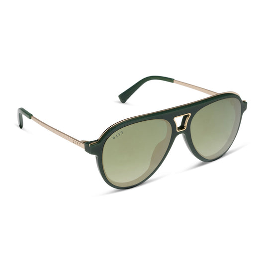 diff eyewear featuring the tosca iii aviator sunglasses with a fairway green acetate with gold accentsframe and aloe green gradient w/ light gold flash lenses angled view