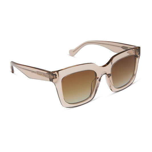 travis mathews x diff eyewear featuring the valencia square sunglasses with a soft taupe crystal acetate frame and brown gradient polarized lenses angled view