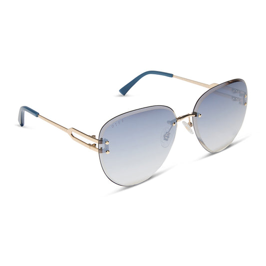 diff eyewear featuring the trista aviator sunglasses with a gold frame and slate blue gradient flash lenses angled view