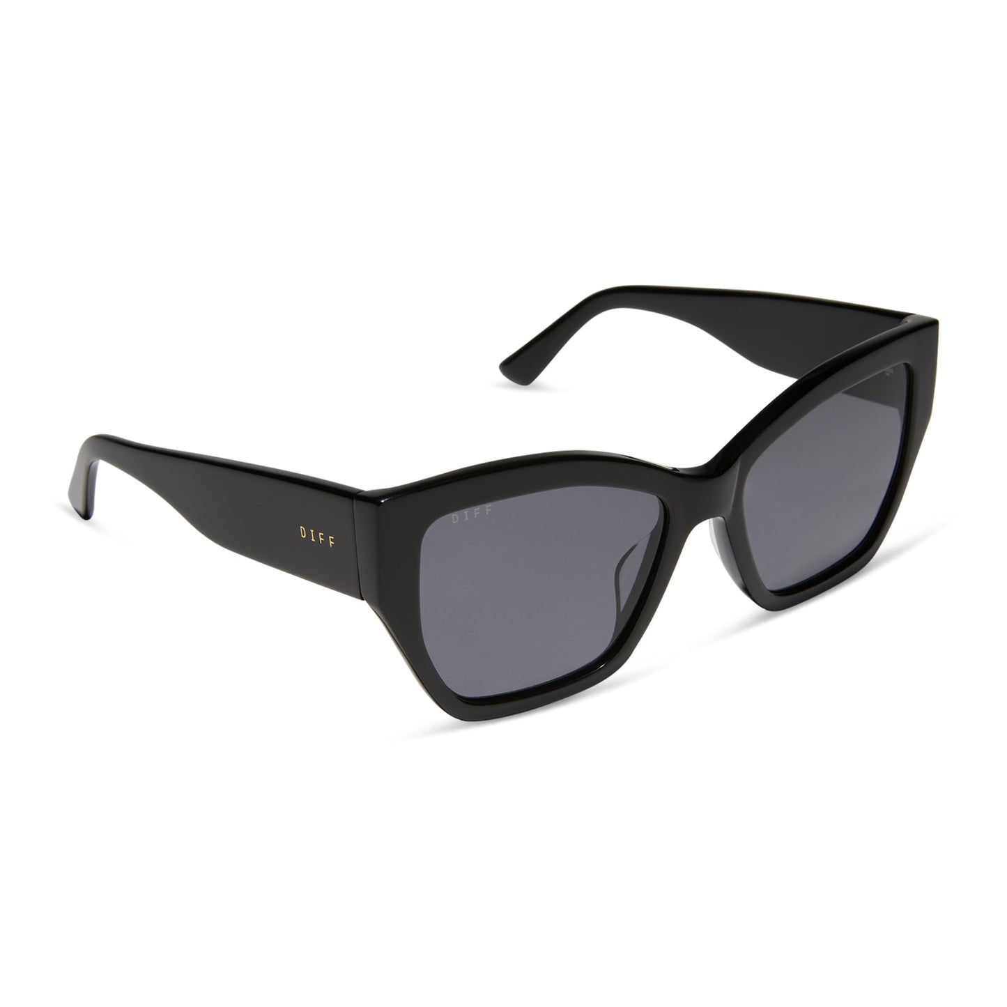 diff eyewear featuring the vivienne cateye sunglasses with a black frame and grey polarized lenses angled view