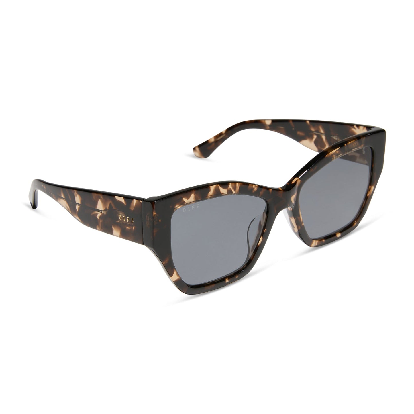 diff eyewear featuring the vivienne cat eye sunglasses with a espresso tortoise frame and grey polarized lenses angled view