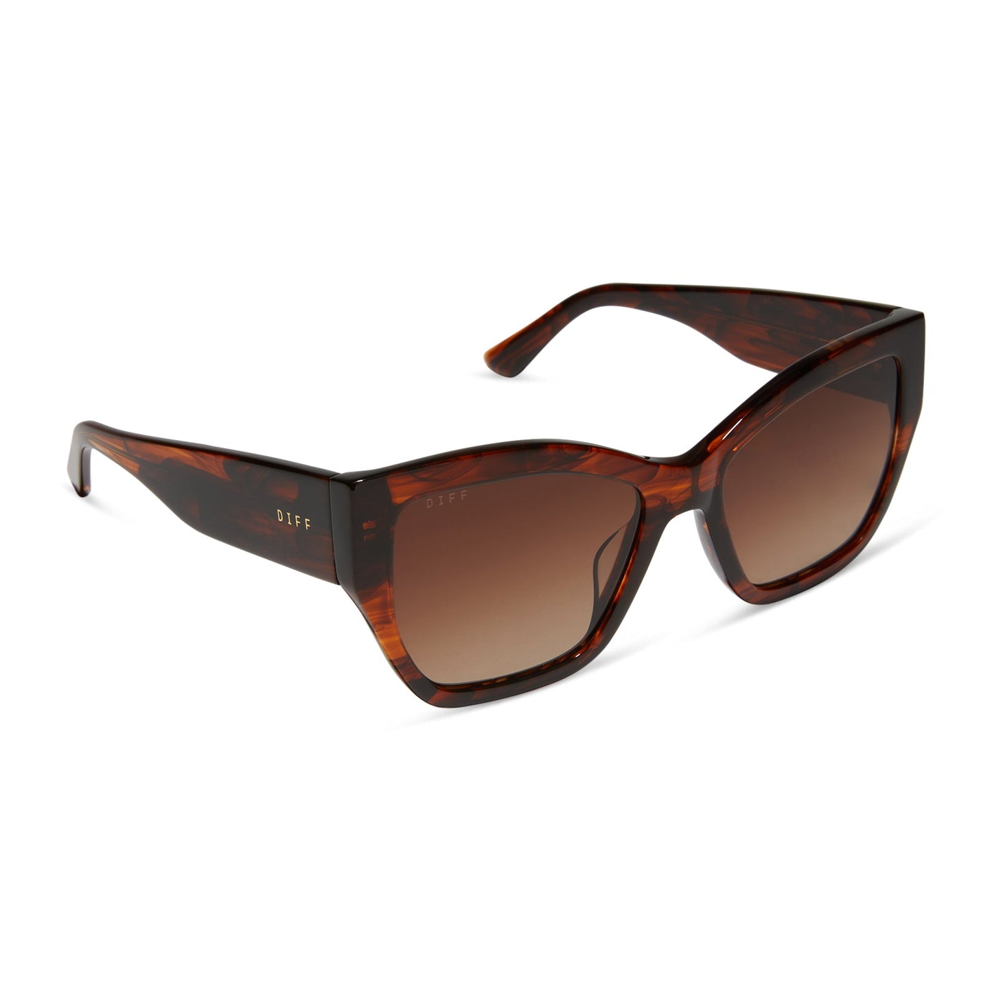 diff eyewear featuring the vivienne cateye sunglasses with a sequoia tortoise frame and brown gradient polarized lenses angled view