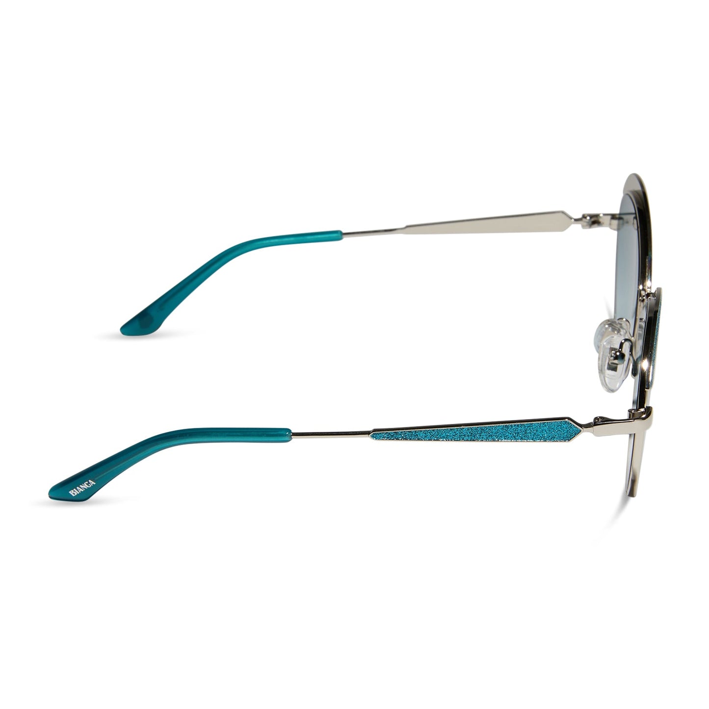 wednesday x diff eyewear featuring the bianca cat eye sunglasses with a silver frame and teal gradient lenses side view