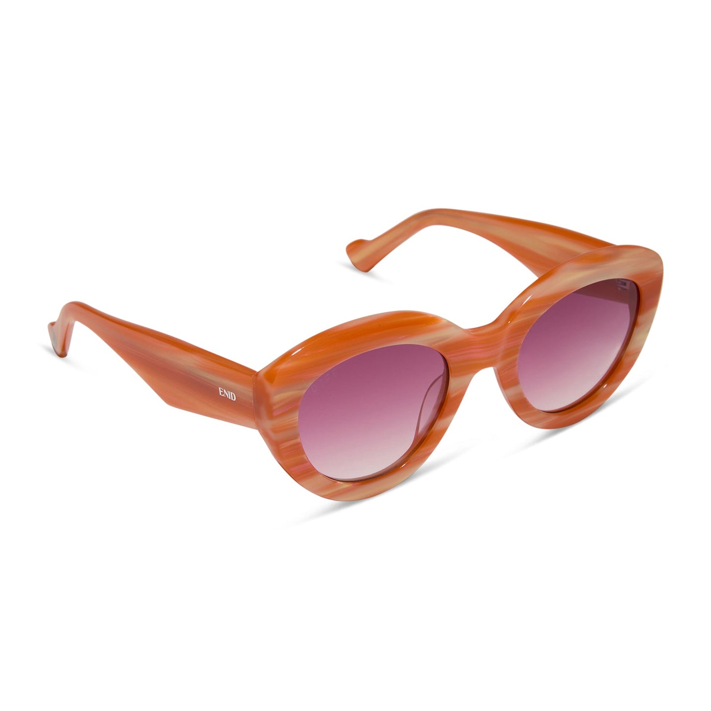 wednesday x diff eyewear featuring the enid sinclair cat eye sunglasses with a orange pink stripe frame and wine gradient lenses detailed view