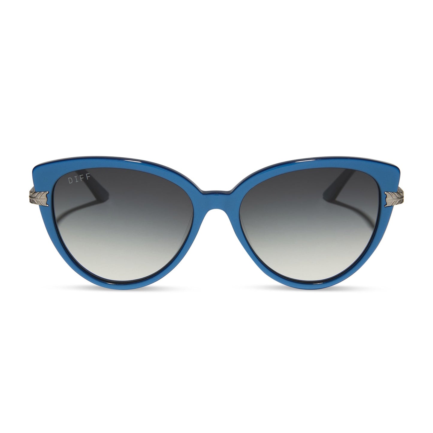wednesday x diff eyewear featuring the marilyn thornhill cat eye sunglasses with a blue frame and grey gradient lenses front view