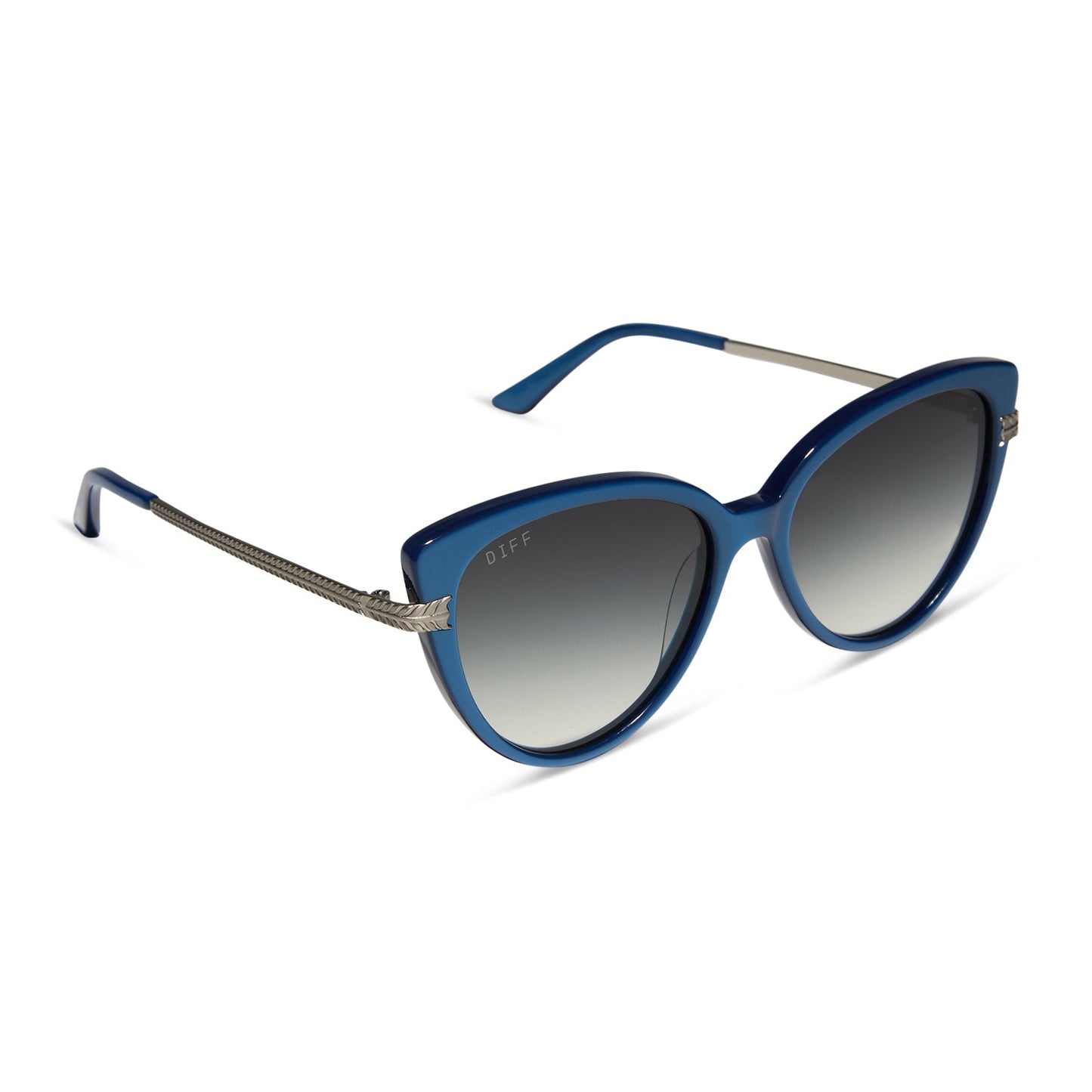 wednesday x diff eyewear featuring the marilyn thornhill cat eye sunglasses with a blue frame and grey gradient lenses angled view