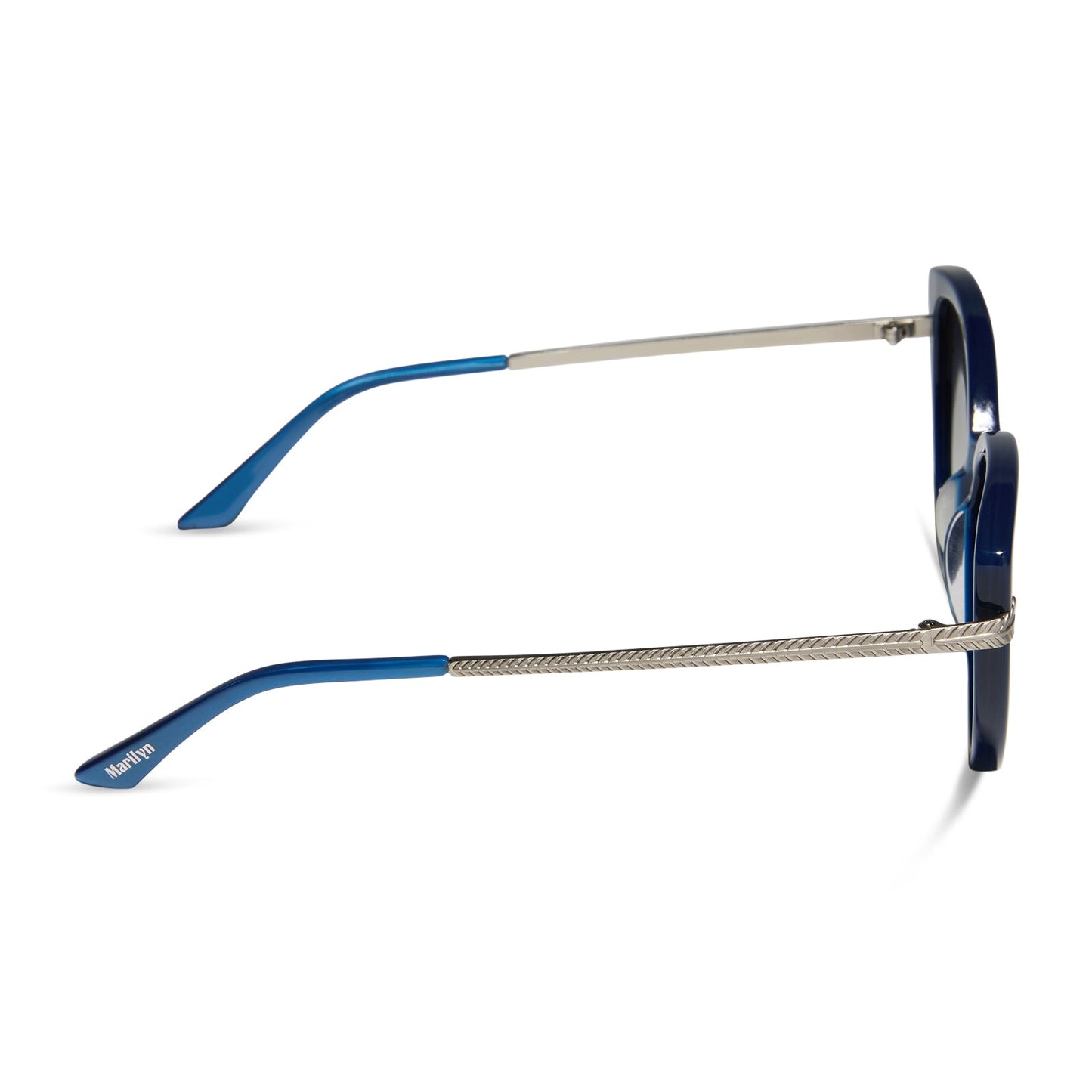 wednesday x diff eyewear featuring the marilyn thornhill cat eye sunglasses with a blue frame and grey gradient lenses side view
