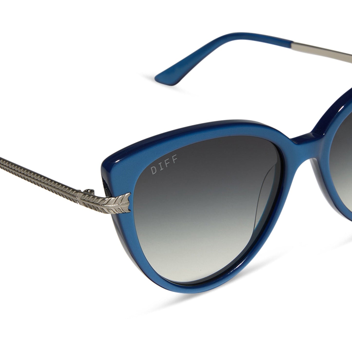 wednesday x diff eyewear featuring the marilyn thornhill cat eye sunglasses with a blue frame and grey gradient lenses detailed view