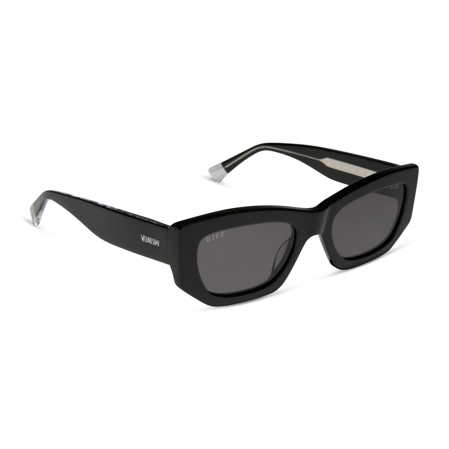 wednesday x diff eyewear featuring the wednesday addams cat eye sunglasses with a black frame and grey lenses angled view