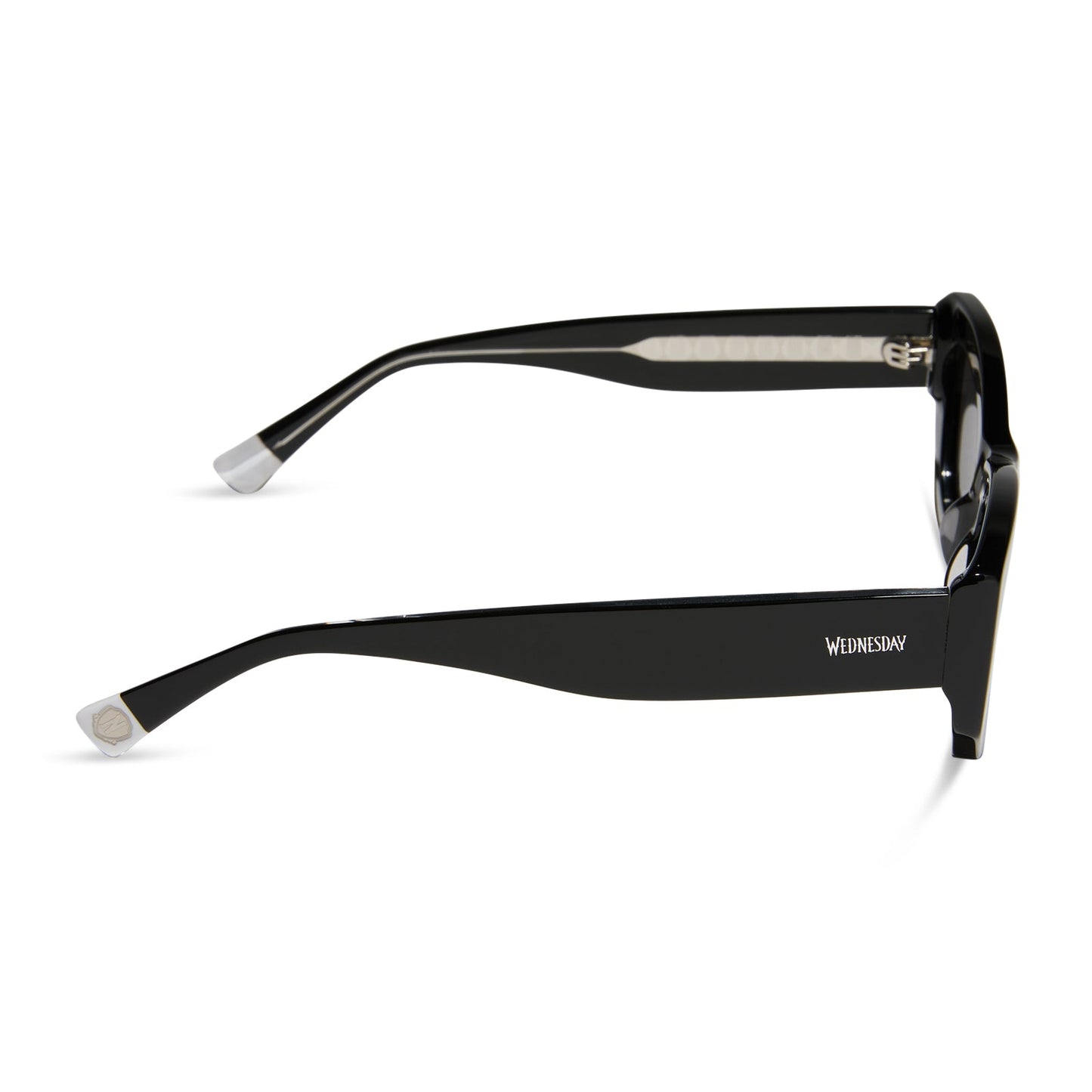 wednesday x diff eyewear featuring the wednesday addams cat eye sunglasses with a black frame and grey lenses side view