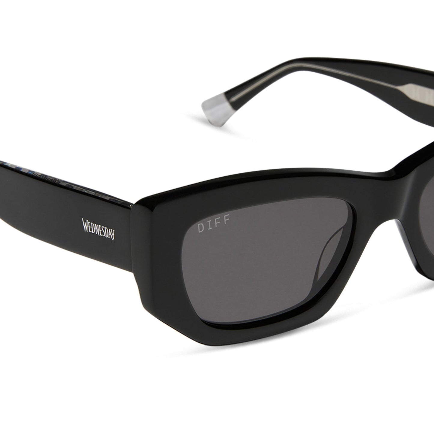 wednesday x diff eyewear featuring the wednesday addams cat eye sunglasses with a black frame and grey lenses detailed view