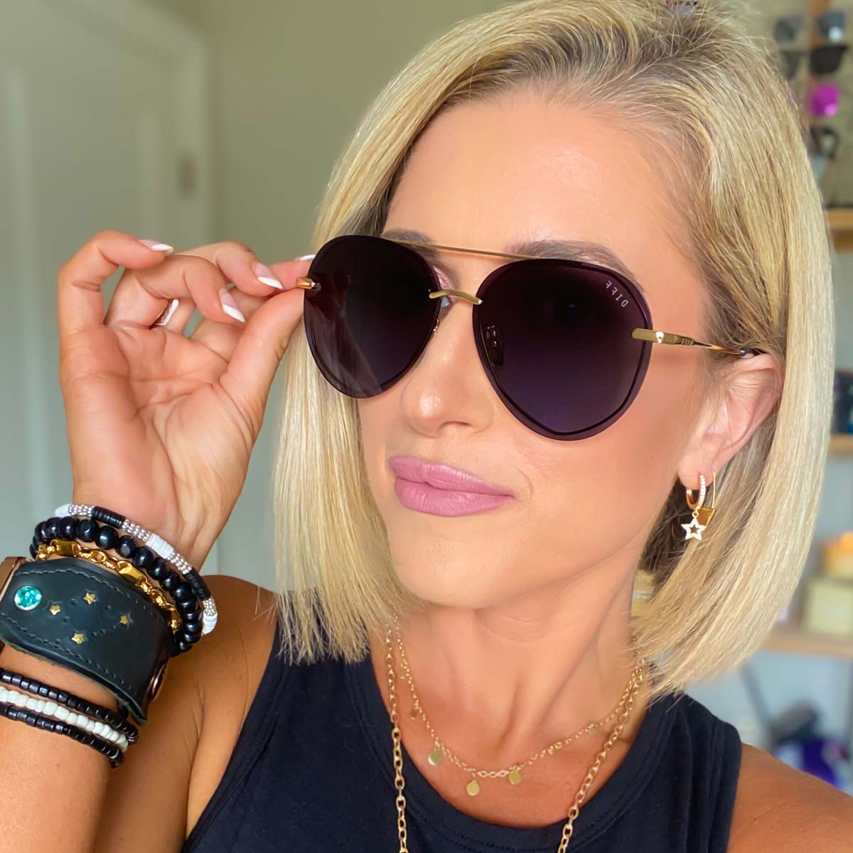 lifestyle - Kalee Rogers wearing the Lenox Gold with Blue Gradient Polarized Womens Aviator Sunglasses from DIFF Eyewear