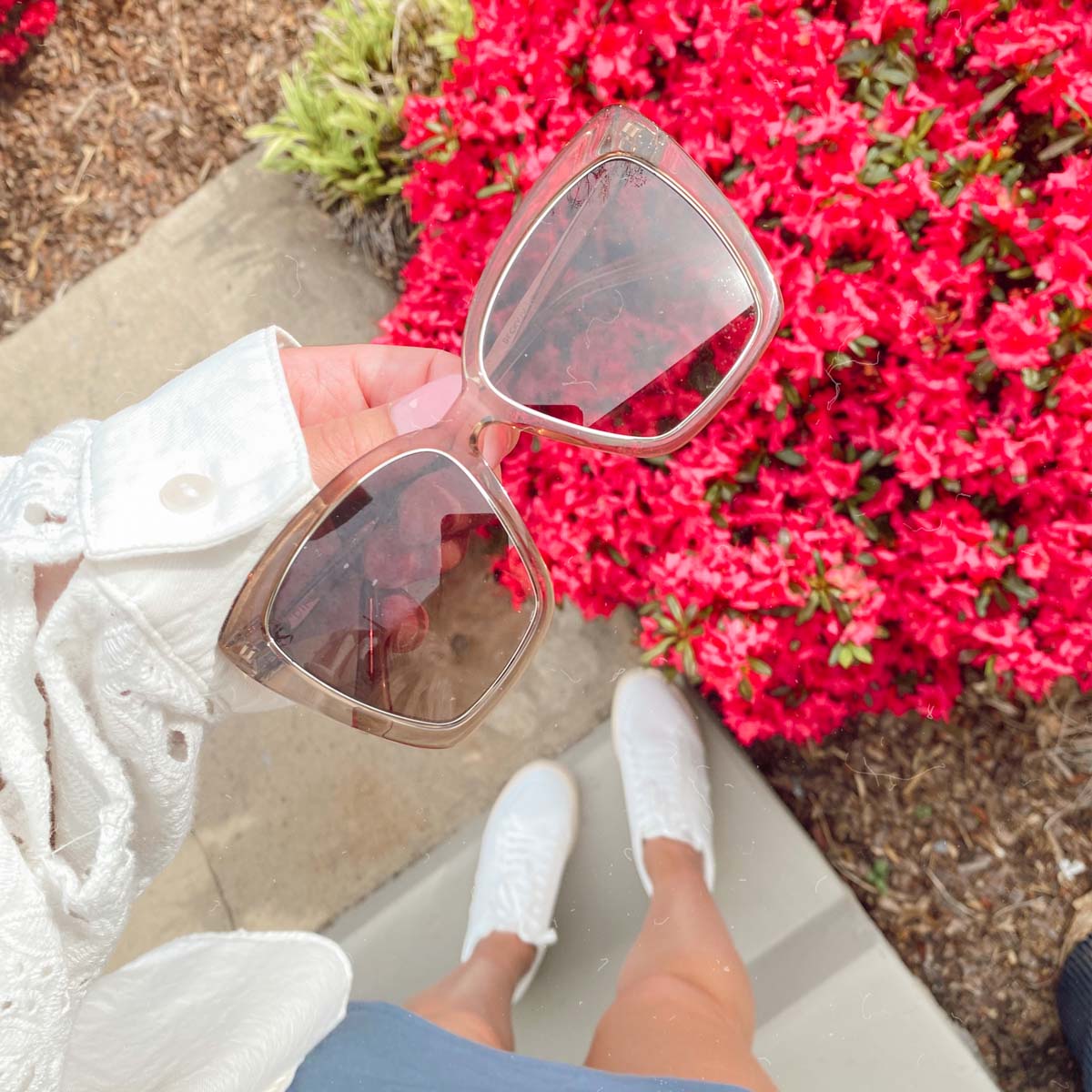 Becky Grant holding the Becky IV Vintage Crystal and Brown womens sunglasses from DIFF Eyewear