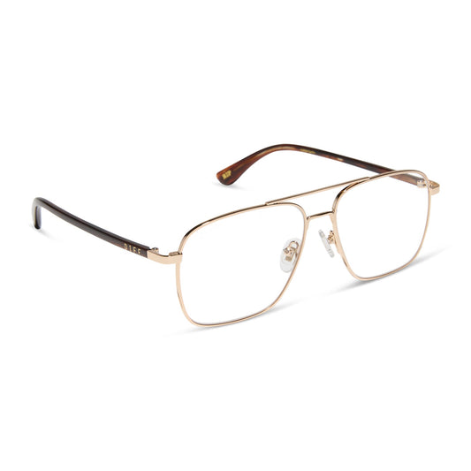 yellowstone x diff eyewear featuring the rip wheeler navigator prescription glasses with a gold frame angled view