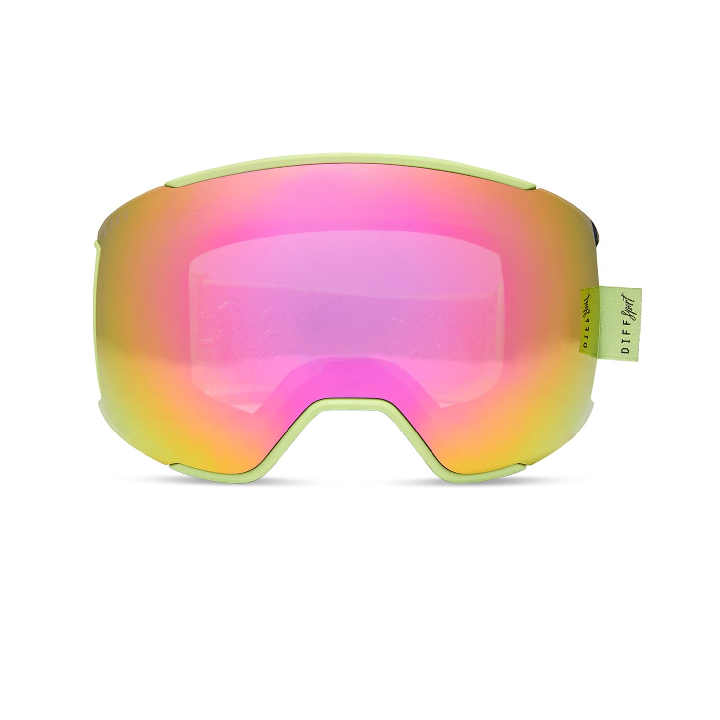 diff sport alpine goggles in lime green with hot pink mirror polarized lens front view
