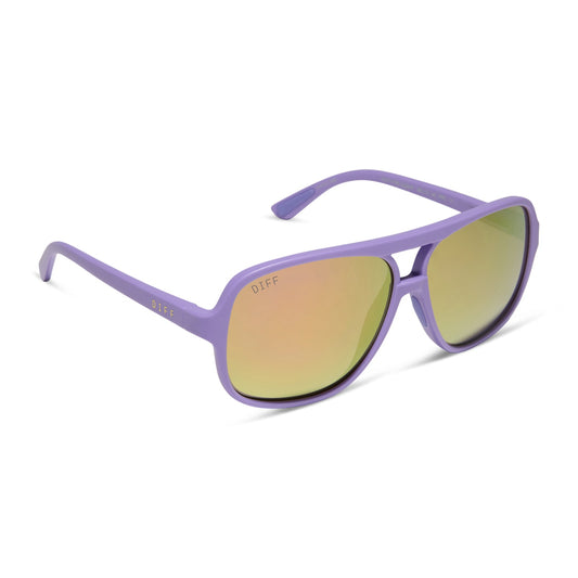 diff sport featuring the hangtime aviator sunglasses with a matte lavender frame and sherbet mirror polarized lenses angled view