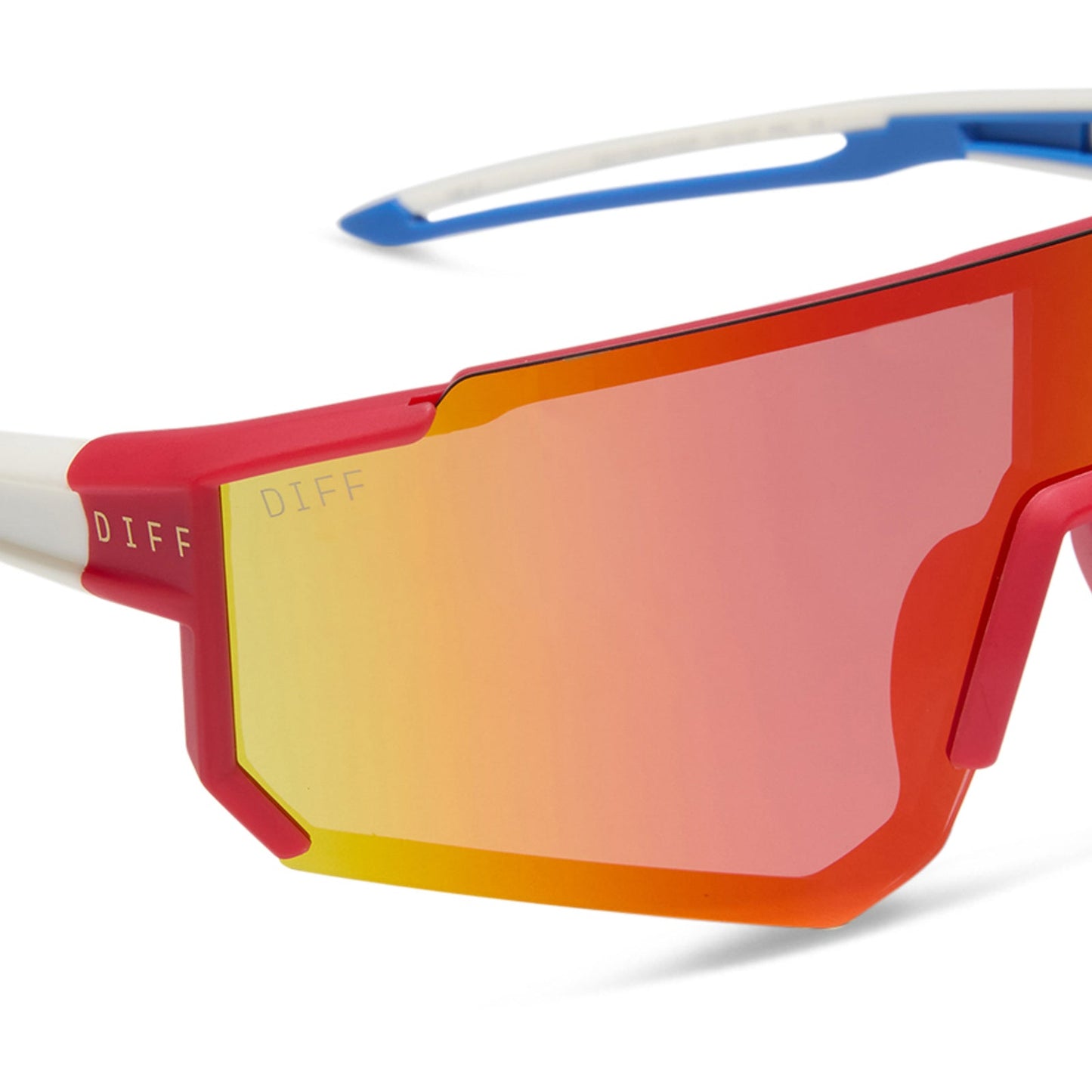 diff sport featuring the heat shield sunglasses with a firecracker red frame and sunset mirror polarized lenses detailed view