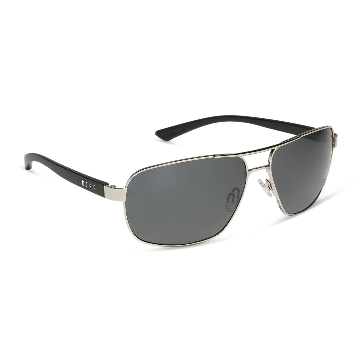 diff sport featuring the matchpoint aviator sunglasses with a silver frame matte black temples and grey polarized lenses angled view