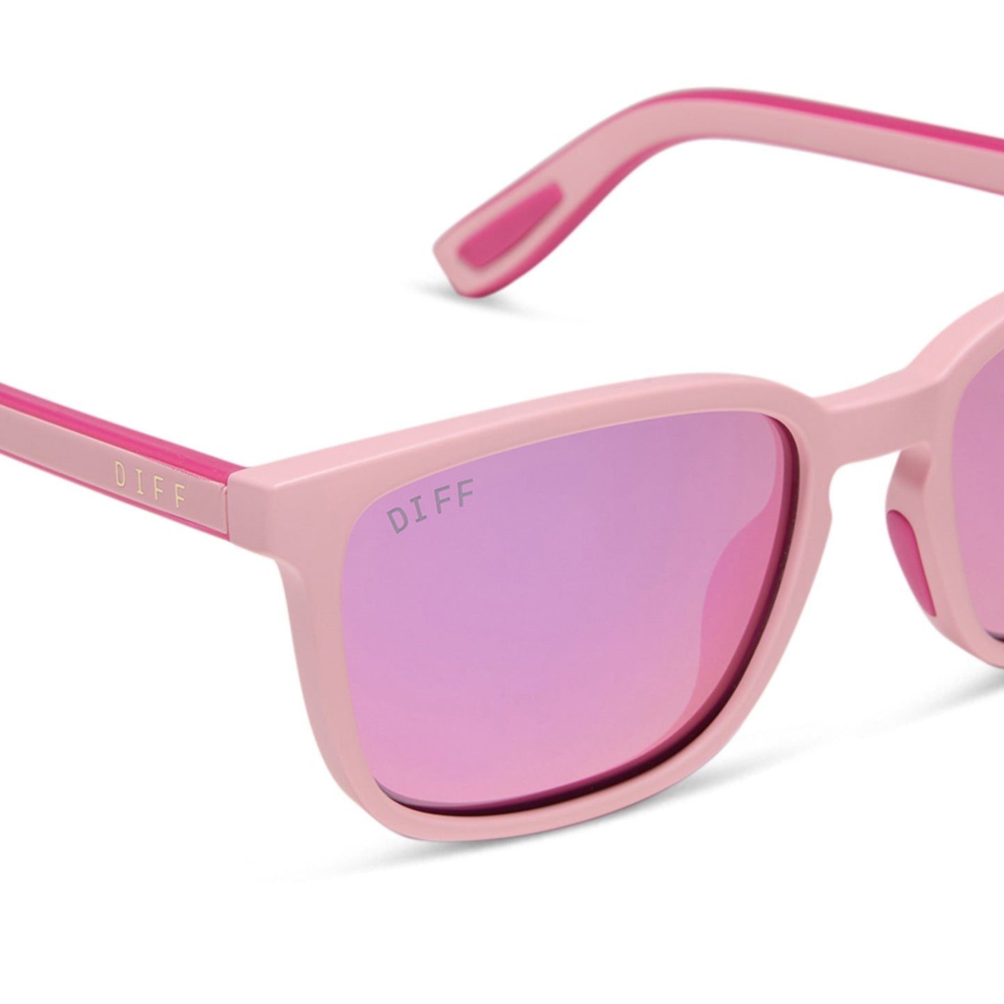 diff sport featuring the rush square sunglasses with a matte baby pink frame and pink rush mirror polarized lenses detailed view