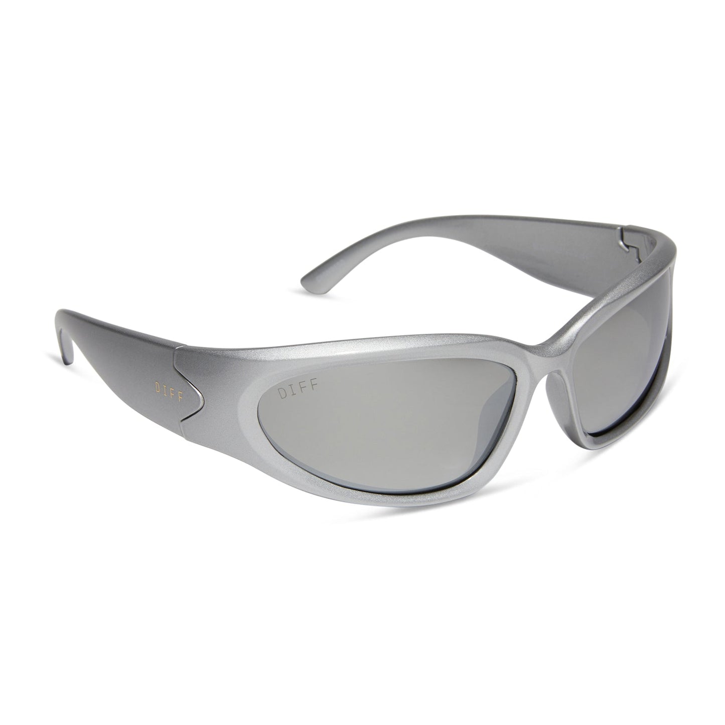 diff sport side out wrap sunglasses with a silver frame and silver mirror polarized lenses angled view