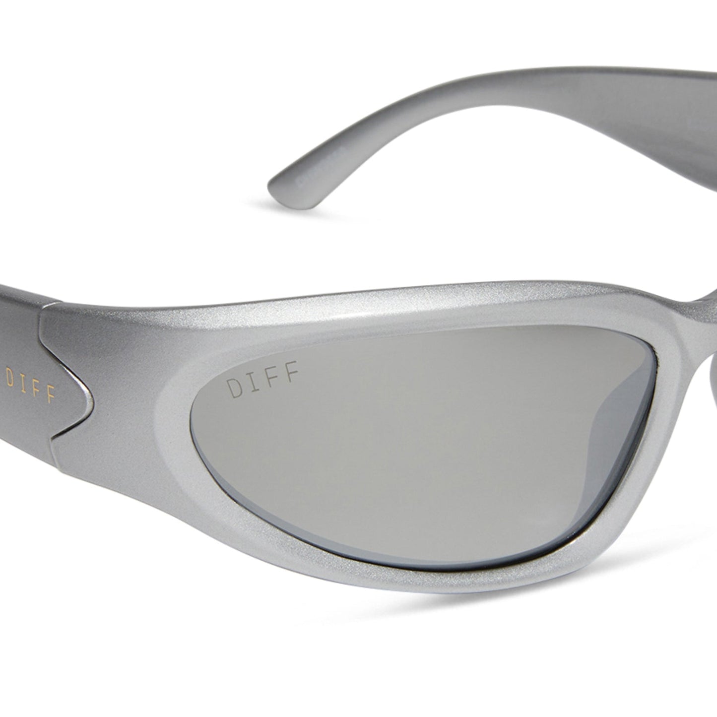 diff sport side out wrap sunglasses with a silver frame and silver mirror polarized lenses detailed view