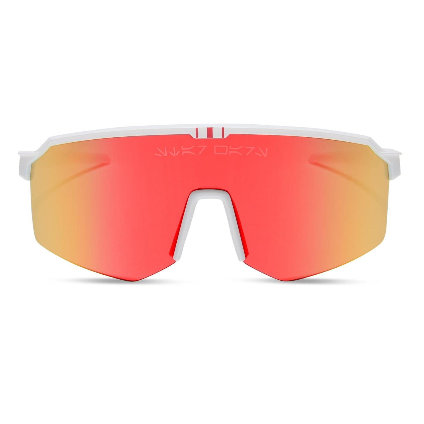 star warsâ„¢ x diff sport featuring the luke x-wingâ„¢ 2.0 shield sunglasses with a white frame and red orange fire mirror polarized lenses front view