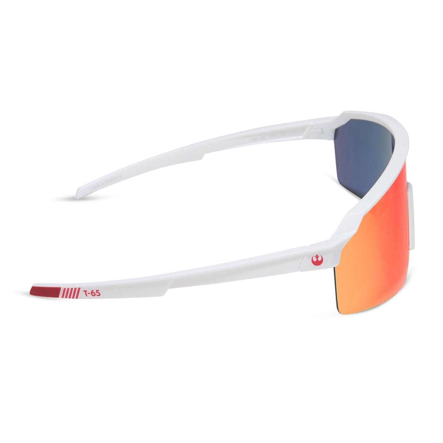 star warsâ„¢ x diff sport featuring the luke x-wingâ„¢ 2.0 shield sunglasses with a white frame and red orange fire mirror polarized lenses side view
