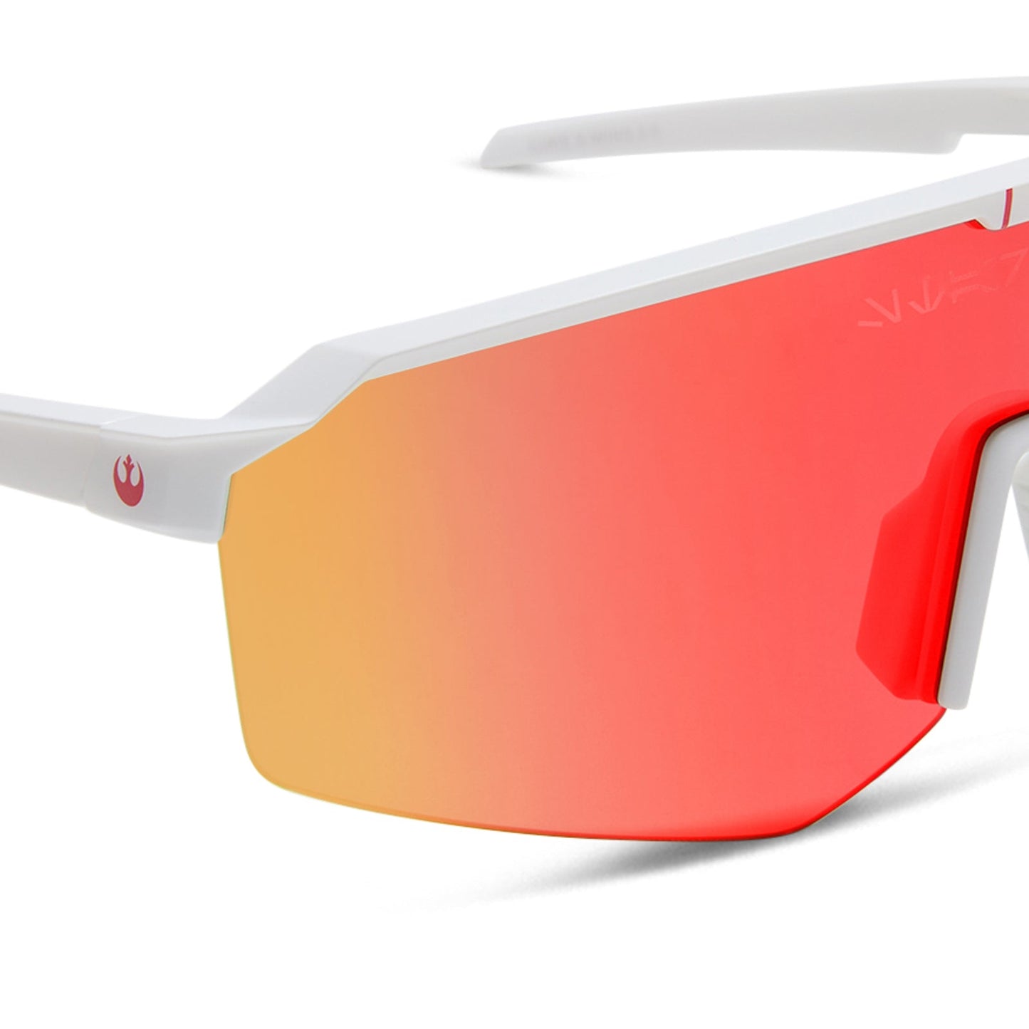 star warsâ„¢ x diff sport featuring the luke x-wingâ„¢ 2.0 shield sunglasses with a white frame and red orange fire mirror polarized lenses detailed view