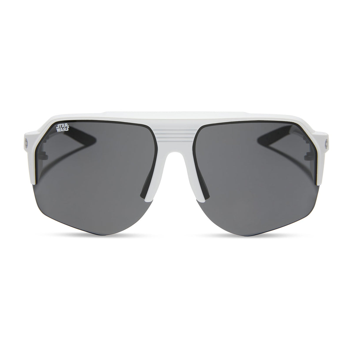 star warsâ„¢ x diff sport featuring thestormtrooper square sunglasses with a galactic white frame and category 3 dark grey polarized lenses front view