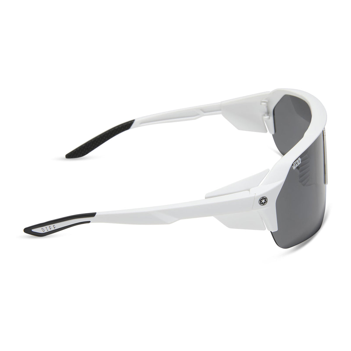 star warsâ„¢ x diff sport featuring thestormtrooper square sunglasses with a galactic white frame and category 3 dark grey polarized lenses side view