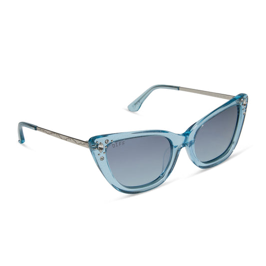 disney princess x diff eyewear featuring the cinderella cateye sunglasses with a blue crystal glitter frame and blue dust gradient polarized lenses angled view