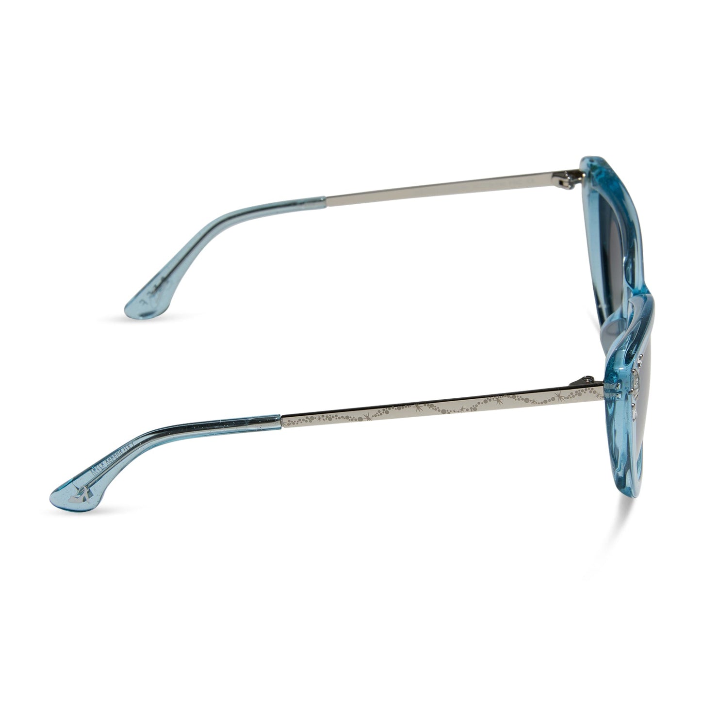 disney princess x diff eyewear featuring the cinderella cateye sunglasses with a blue crystal glitter frame and blue dust gradient polarized lenses side view