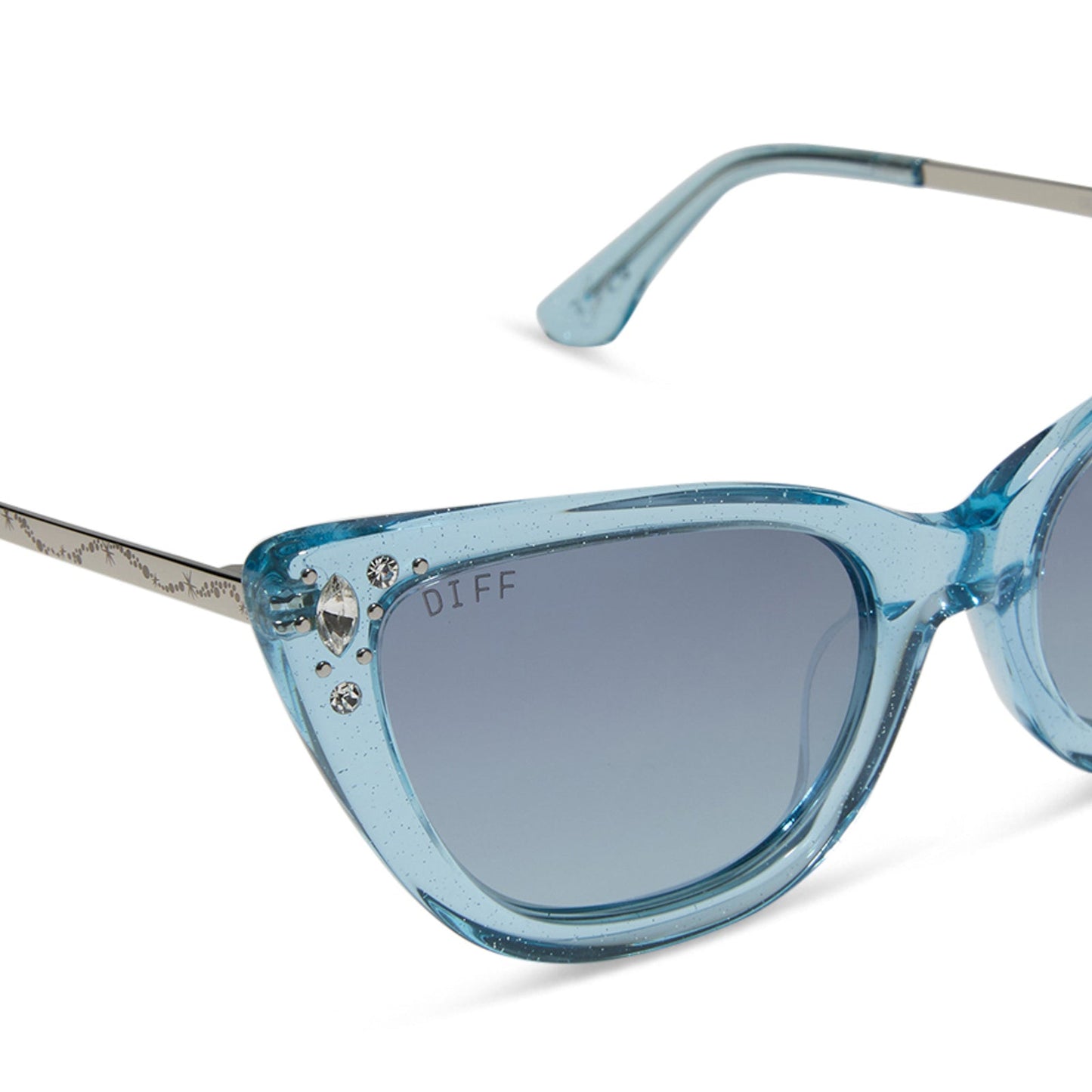 disney princess x diff eyewear featuring the cinderella cateye sunglasses with a blue crystal glitter frame and blue dust gradient polarized lenses detailed view