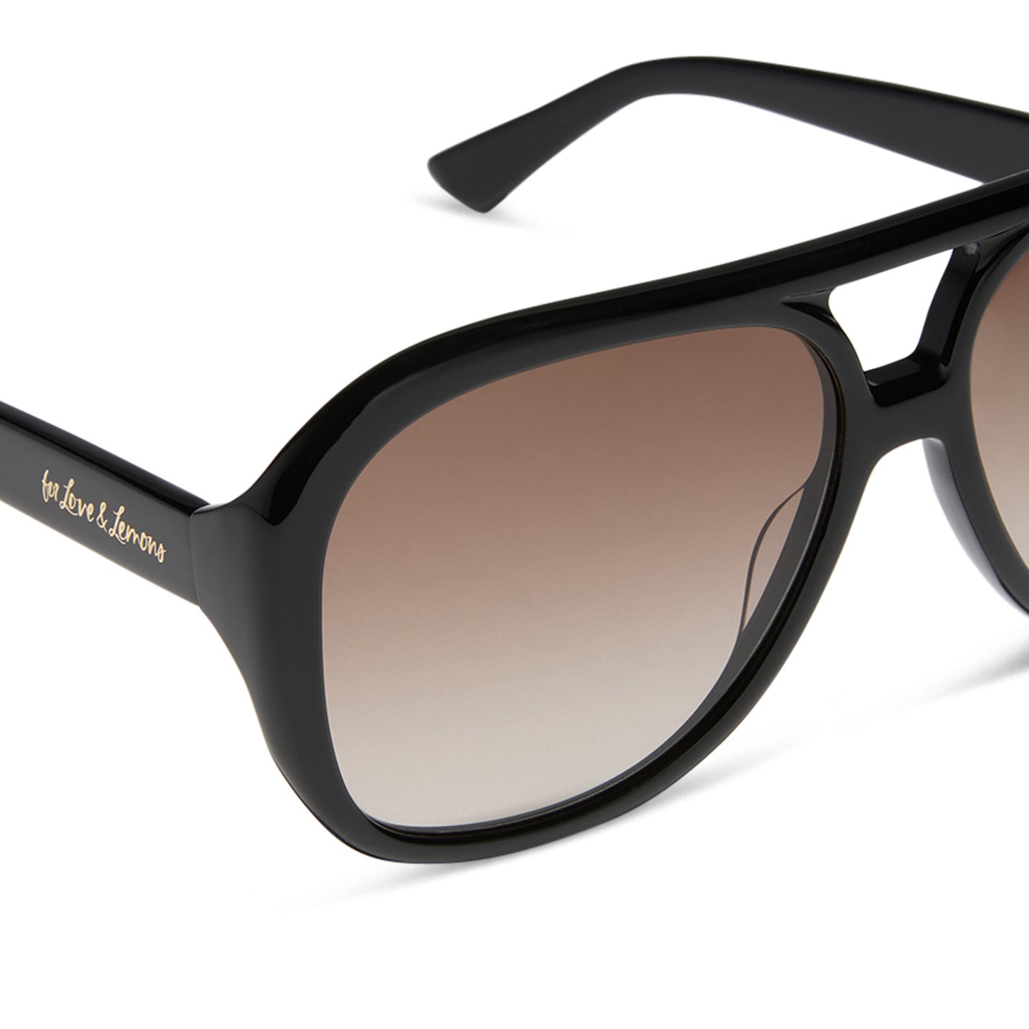for love and lemons x diff eyewear featuring the pauline aviator sunglasses with a black frame and brown gradient lenses detailed view