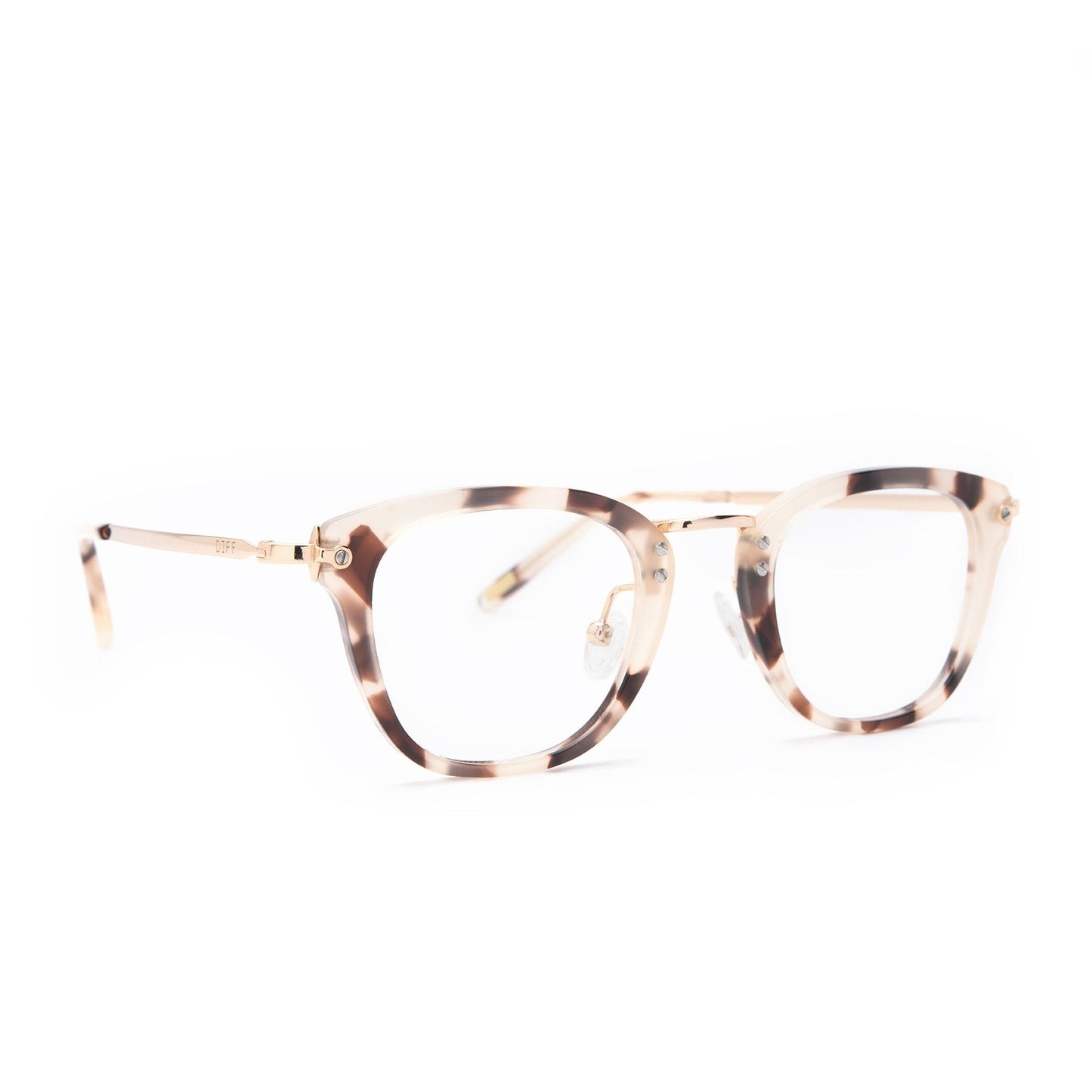 Rue glasses with cream tortoise frames and blue light technology angle view