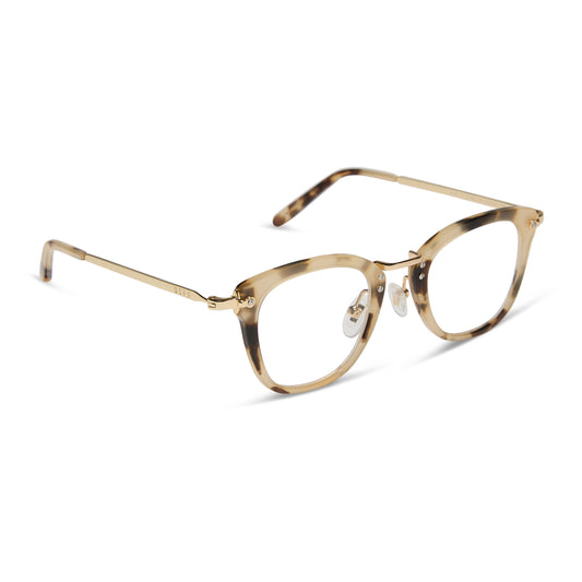 Rue glasses with cream tortoise frames and blue light technology angle view