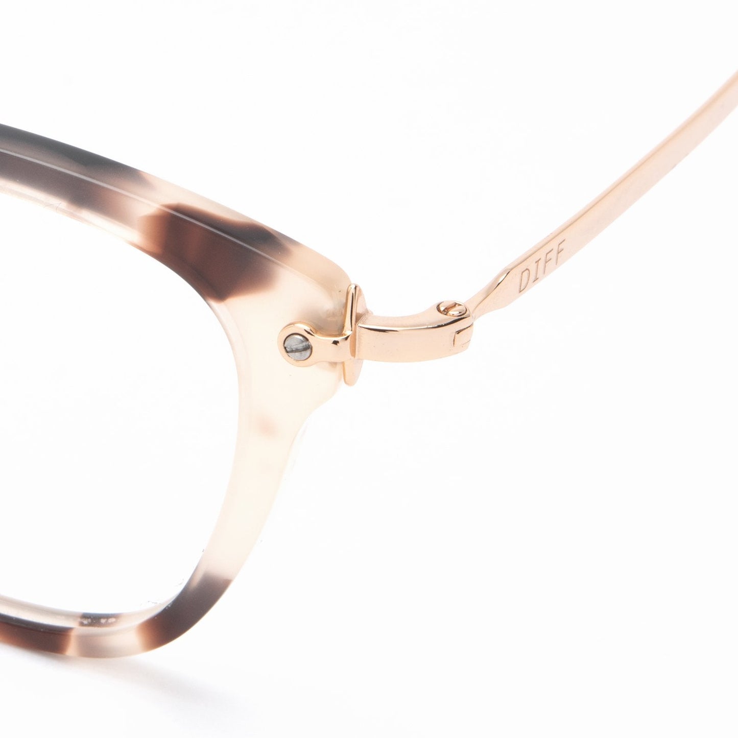 Rue glasses with cream tortoise frames and blue light technology detailed shot