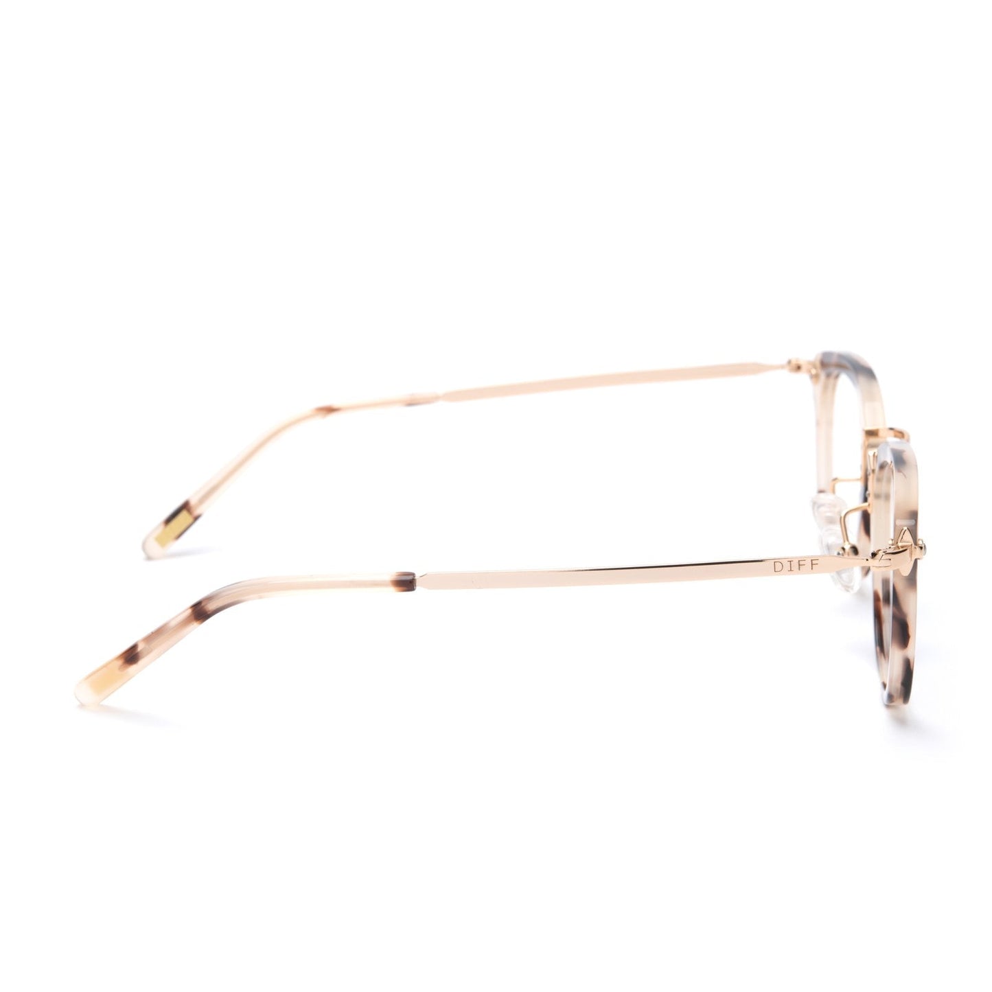 Rue glasses with cream tortoise frames and blue light technology side view