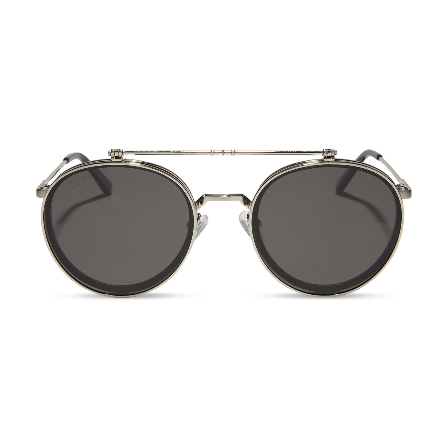 star wars x diff eyewear anakinâ„¢ï¸ podracerâ„¢ï¸ round sunglasses with a galactic brushed silver metal frame and space gray polarized lenses front view