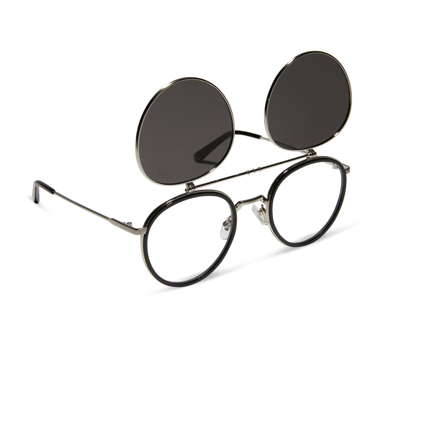 star wars x diff eyewear anakinâ„¢ï¸ podracerâ„¢ï¸ round sunglasses with a galactic brushed silver metal frame and space gray polarized lenses angled view